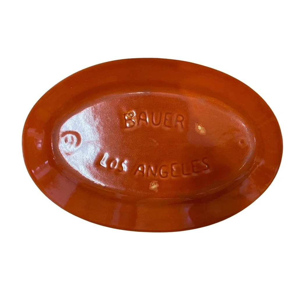 Bauer Pottery Los Angeles Burnt Orange Ringed Oval Platter Serving Dish Vintage